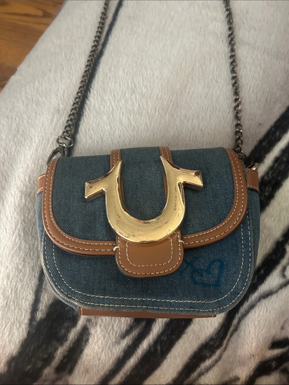 Denim Crossbody Bag with Gold Accent and Tan Trim true religion